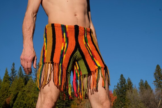 Crochet Shorts Orange Neon with Black Olive Rainbow Stripes