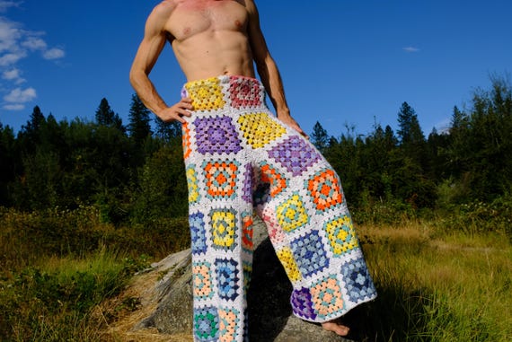 Crochet Pants Palazzo Bright Pastels on White XL