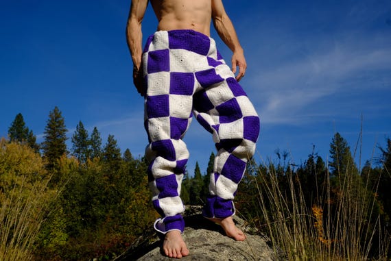 Crochet Pants Purple and White Checkerboard XL