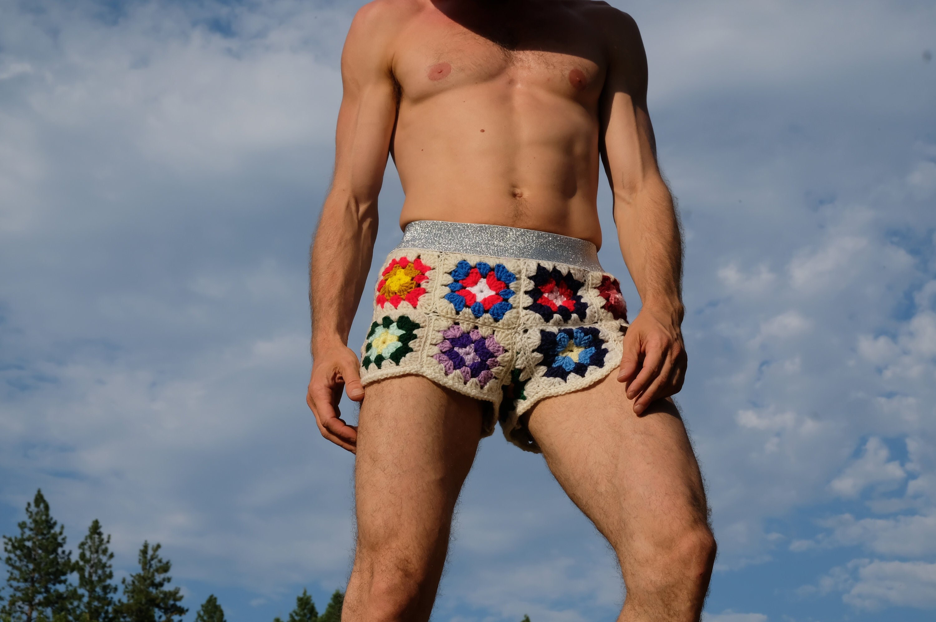 Crochet Shorts Rainbow Squares on White with Silver Elastic S