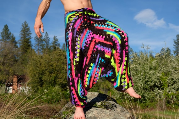 Crochet Harem Pants Neon Stripe on Black M