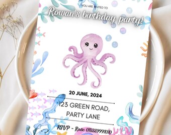 May include: A birthday party invitation with a watercolour design. The invitation features a purple octopus and the text "Rowan's birthday party!" with the date, address, and RSVP details. The design includes aquatic elements.