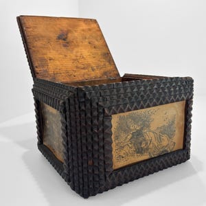 Tramp Art Box with Paper Lithograph Inserts // Antique Folk Art Box c. 1900