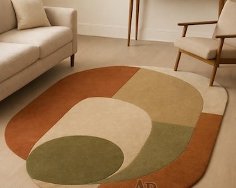 Modern Abstract Hand Tufted Wool Rug Geometric Area Rug Neutral Living Room Carpet Decor