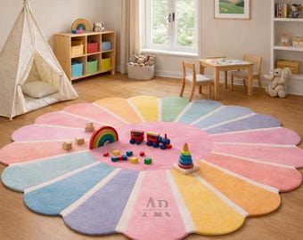 Hand Tufted Kids Round Rug Pastel Rainbow Flower Nursery Playroom Decor