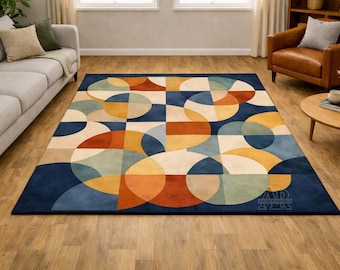 Hand Tufted Wool Rug Modern Geometric Abstract Area Rug Colorful Living Room Carpet