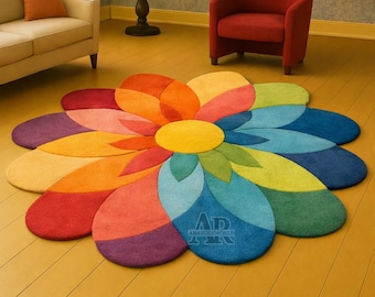 Kleurrijk bloementapijt handgetuft wollen vloerkleed regenboog bloemen boho kinderkamerdecoratie
