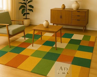 Alfombra a cuadros tejida a mano, moderna y colorida, para sala de estar, estilo mediados de siglo.