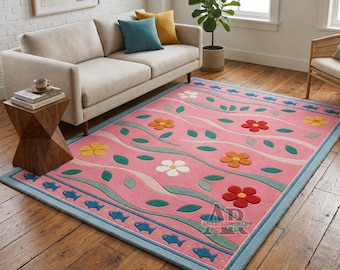 Hand Tufted Pink Floral Rug Wool Area Rug Colorful Cottagecore Living Room Decor Handmade Luxury