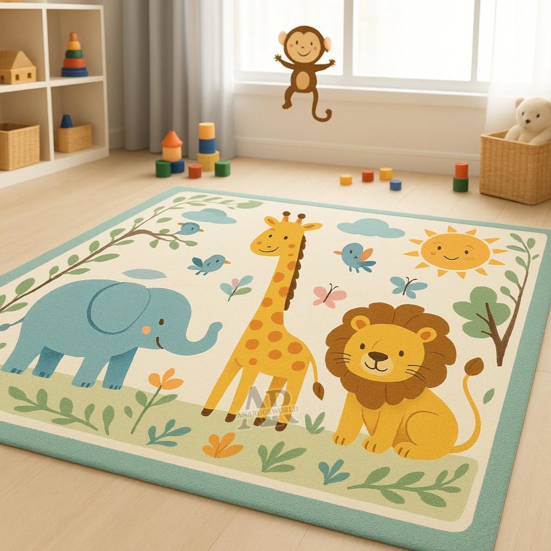 Hand Tufted Kids Rug Safari Jungle Animal Nursery Playroom Carpet Soft ...