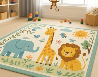 Hand Tufted Kids Rug Safari Jungle Animal Nursery Playroom Carpet Soft Wool Floor Decor