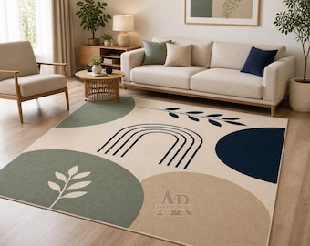 Alfombra moderna abstracta de lana tejida a mano para sala de estar, alfombra grande de decoración neutra.