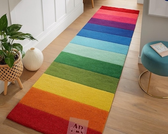 Handgetufteter Regenbogen-läufer Teppich Bunter Flur-Teppich Moderne Wolle Langboden-Dekor