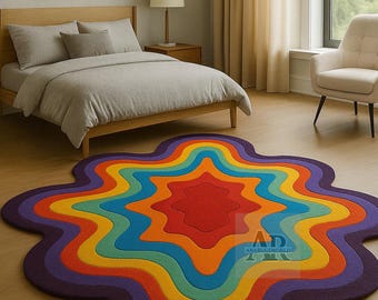 Dywan w kwiaty w stylu retro z tęczą i falującymi kwiatami do salonu i sypialni