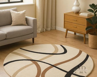 Modern Hand Tufted Round Wool Rug Beige Abstract Area Carpet for Living Room Decor