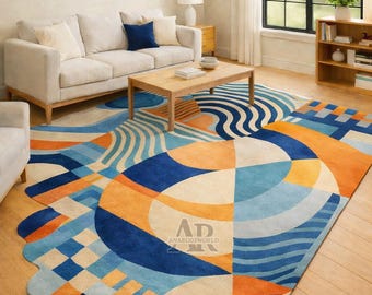 Hand Tufted Wool Rug Abstract Modern Geometric Blue Orange Area Rug Living Room