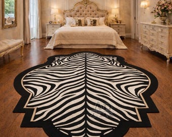 Zebra Print Hand Tufted Rug Black White Animal Pattern Wool Area Rug Luxury