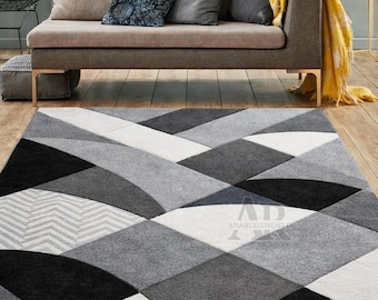 Handgetuft wollen vloerkleed modern geometrisch grijs zwart woonkamertapijt