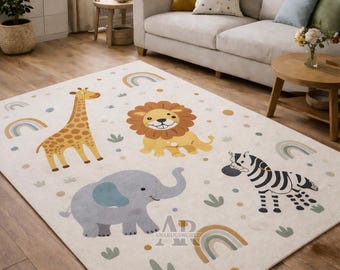 Safari Animals Kids Rug Hand Tufted Wool Nursery Playroom Area Rug Decor Soft