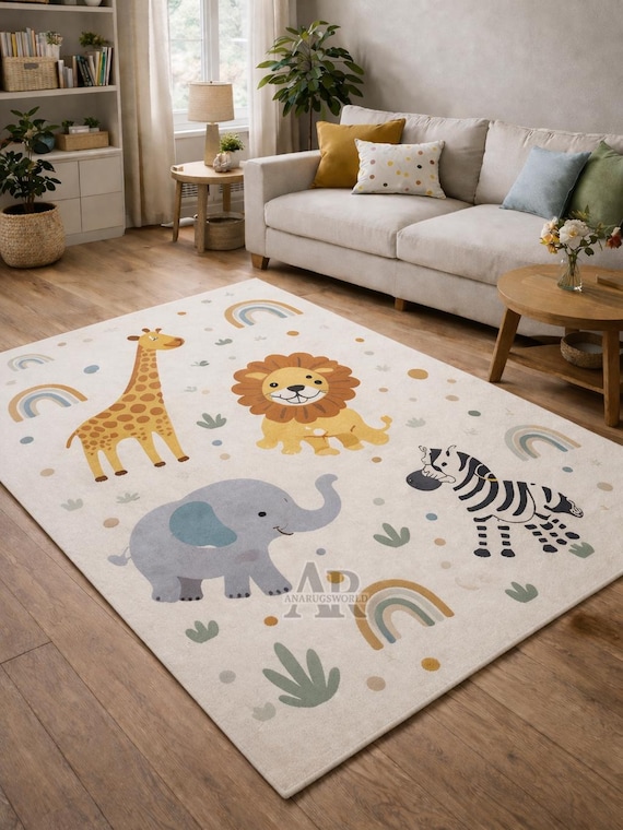 Safari Tiere Kinderteppich Handgetuftet Wolle Kinderzimmer Spielzimmer Dekor Weich