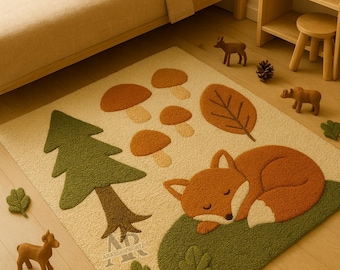 Hand Tufted Fox Nursery Rug Woodland Kids Room Carpet Soft Wool Decorative Floor Mat