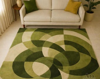 Green Geometric Hand Tufted Wool Rug Modern Abstract Area Rug Living Room Carpet