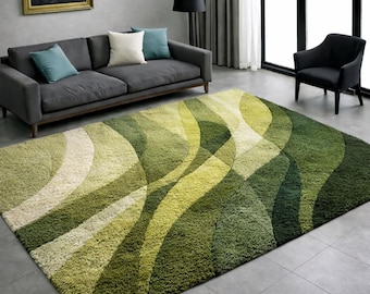 Hand Tufted Green Abstract Rug Modern Wave Pattern Wool Area Rug Living Room Carpet