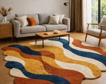 Abstract Modern Hand Tufted Wool Rug Contemporary Wavy Pattern Living Room Area Rug