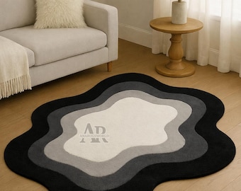 Modern Abstract Shaped Rug Hand Tufted Wool Area Rug Black White Contemporary Floor Carpet