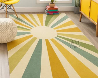 Tapete Sunburst tufado à mão, estilo retrô moderno, em lã, para sala de estar vibrante com decoração boho.