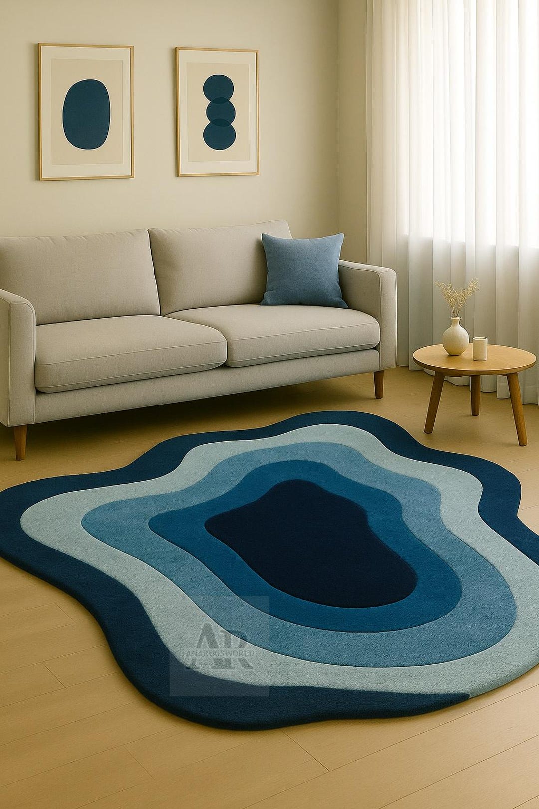 Abstract Blue Rug Pattern Modern Abstract Blue Rug for Living Room Minimalist Wavy Carpet ...