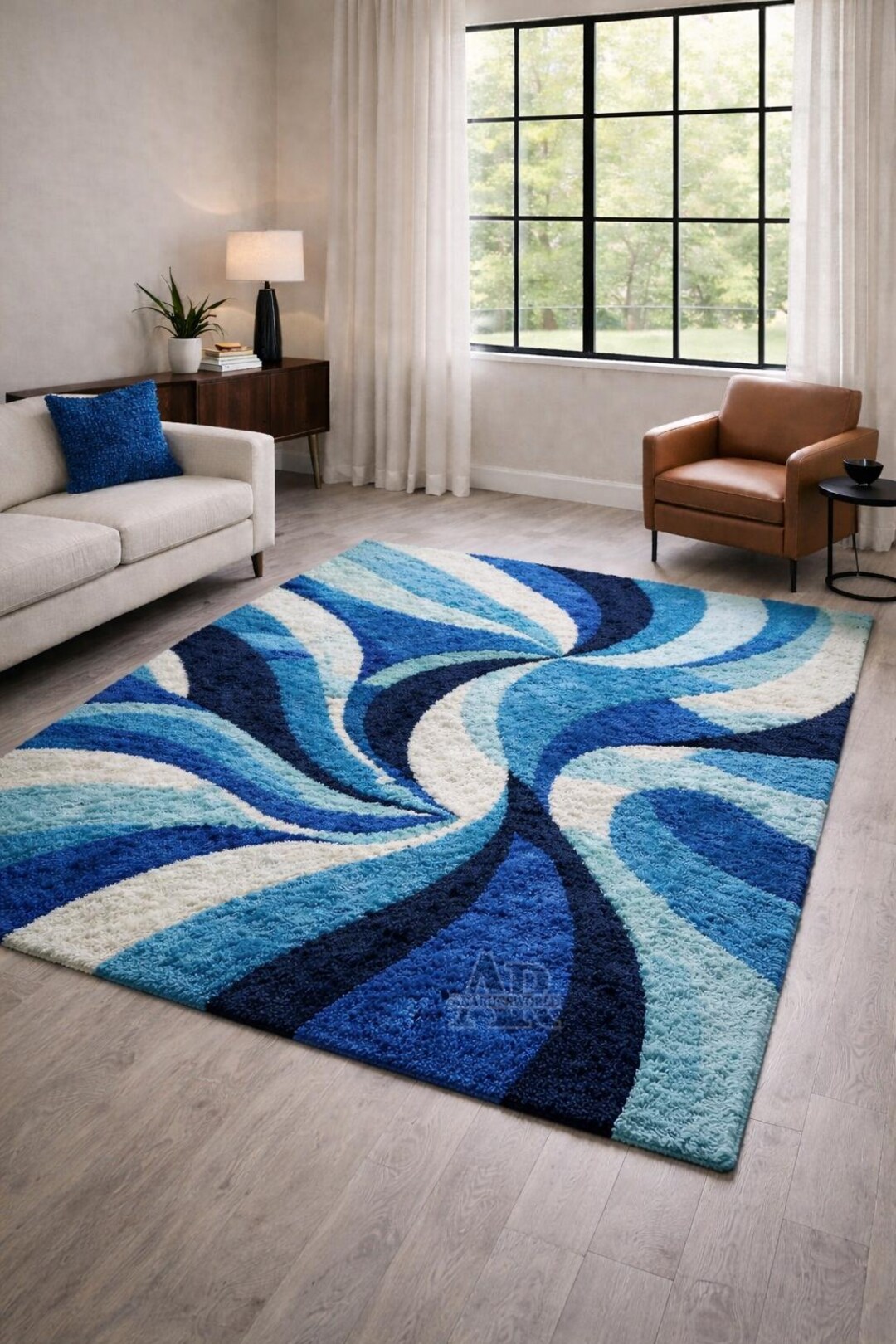 Hand Tufted Wool Area Rug Blue Abstract Modern Shag Living Room Carpet ...