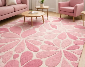 Hand Tufted Pink Wool Area Rug Modern Floral Living Room Bedroom Decor