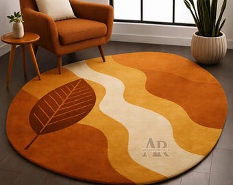 Modern Round Wool Rug Hand Tufted Abstract Leaf Carpet Living Room Area Rug