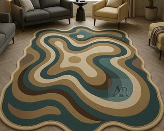 Modern Abstract Wavy Area Rug for Living Room, Retro Style Curved Carpet