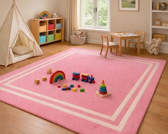 Hand Tufted Pink Wool Kids Rug Nursery Playroom Soft Modern Border Area Rug