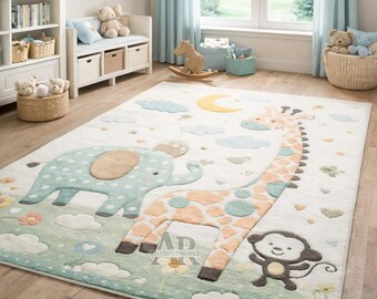 Hand Tufted Kids Animal Rug Nursery Safari Giraffe Elephant Wool Area Carpet Soft Decor
