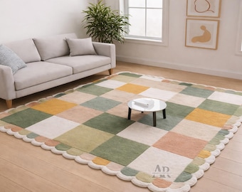 Alfombra de lana tejida a mano con diseño de cuadros pastel, moderna decoración para sala de estar y dormitorio.