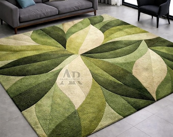 Alfombra moderna de lana con diseño de hojas verdes tejida a mano para sala de estar.