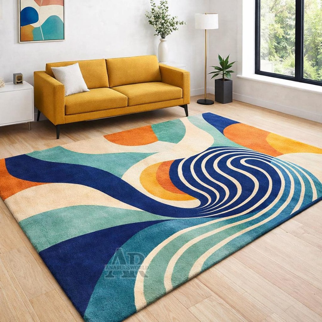 Hand Tufted Abstract Area Rug Modern Colorful Wave Pattern Wool Living ...