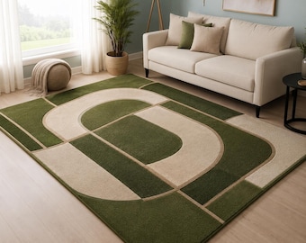 Alfombra moderna de lana verde con diseño geométrico, tejida a mano, alfombra abstracta para la decoración de la sala de estar.