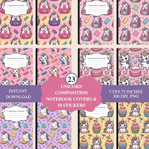 Printable Kawaii Unicorn Composition Notebook Covers – 23 Page Digital Download Bonus Stickers – Custom Composition Book Cover Printable