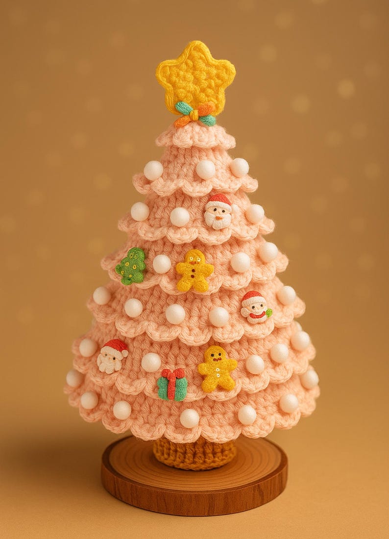 May include: A handmade, pink crocheted Christmas tree with white bead accents and festive embellishments. The tree is adorned with small Santa faces, gingerbread men, a green tree, and a wrapped gift. A yellow star tops the tree, which sits on a wooden base.