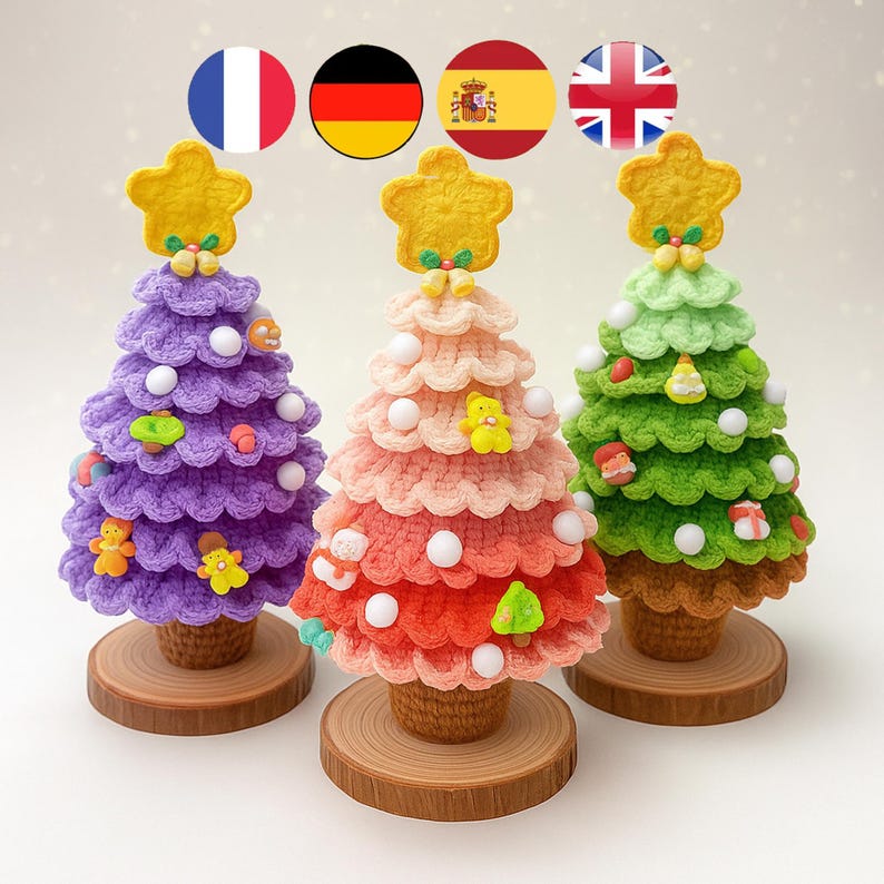 May include: Three handmade Christmas trees in purple, coral, and green, each with a star topper and decorative ornaments. The trees are made of yarn and sit on wooden bases, creating a festive holiday display.