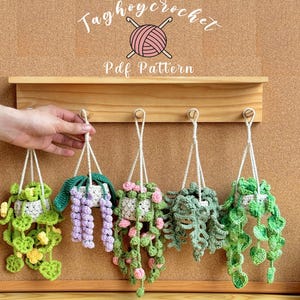 Peut inclure: Cinq suspensions de plantes crochetées à la main avec divers motifs de plantes vertes et violettes. Les jardinières sont suspendues à une étagère en bois. L'image comprend le texte "Taghoycrochet" et "Pdf Pattern".