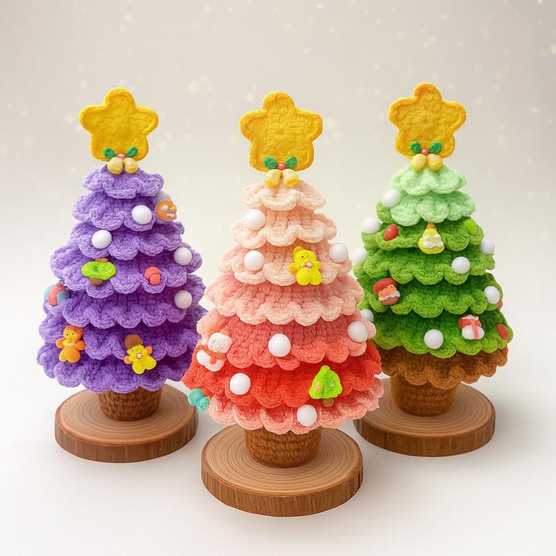 May include: Three handmade crochet Christmas trees in purple, coral, and green. Each tree has a yellow star topper, white ball ornaments, and small decorative accents. The trees sit on wooden bases, perfect for holiday decor.
