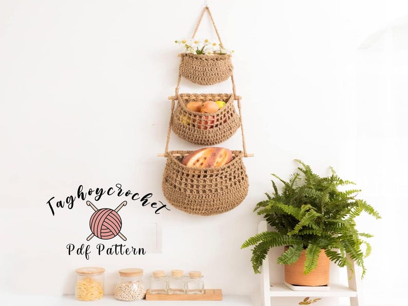 Crochet Pattern PDF – 3 Tier Hanging Fruit Basket, Boho Wall Storage ...