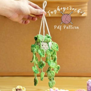 Pode incluir: Um vaso de plantas suspenso de crochê feito à mão com folhas verdes penduradas e um vaso branco. O vaso é suspenso por cordas brancas. O texto "Taghoycrochet" e "Pdf Pattern" são visíveis.