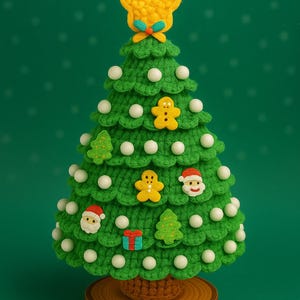 May include: A handcrafted green crochet Christmas tree with white ball ornaments and festive embellishments. The tree is adorned with a yellow star, gingerbread men, Santa faces, and gift box accents. It sits on a wooden base against a green background.