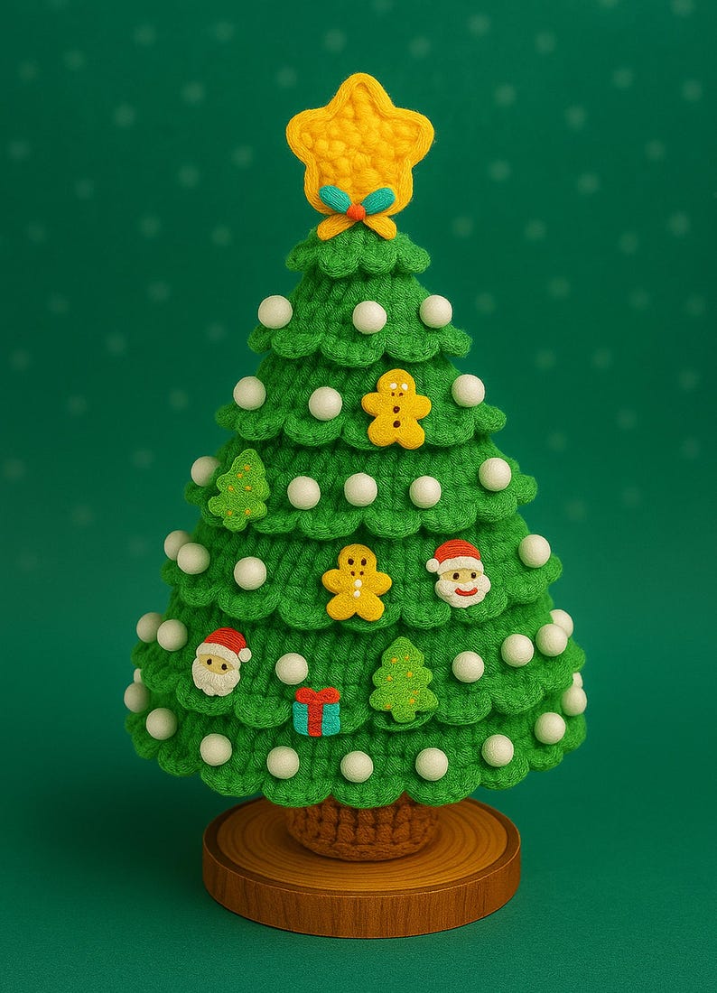 May include: A handcrafted green crochet Christmas tree with white ball ornaments and festive embellishments. The tree is adorned with a yellow star, gingerbread men, Santa faces, and gift box accents. It sits on a wooden base against a green background.